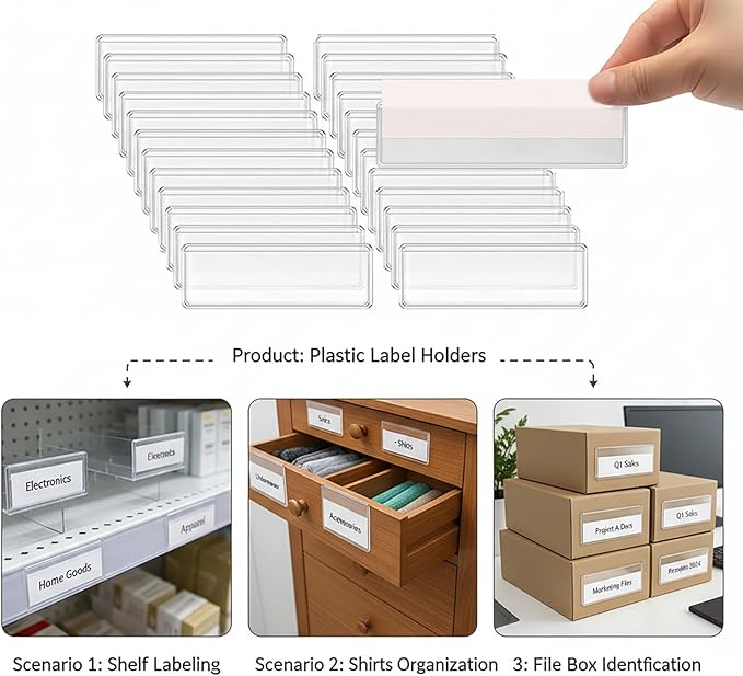 Label Holders Adhesive Shelf Tag Clear Shelf Tag Index Card Pockets Plastic Drawers File Cabinet Storage Bins Label Holder for Supermarket Bookshelf Mailbox Business Kitchen,Pack of 60