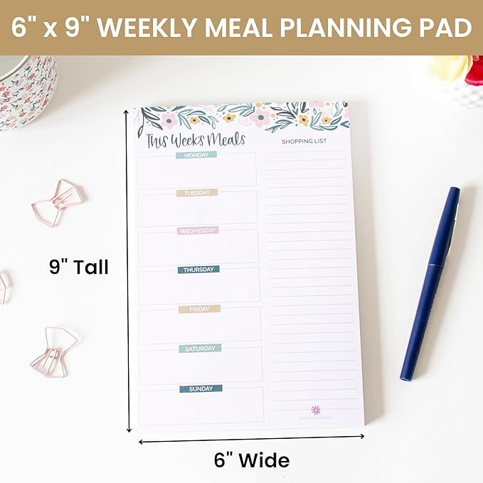 bloom daily planners Weekly Meal Planning Pad - Magnetic Hanging Refrigerator Menu Planner with Tear-Off Sheets & Perforated Grocery Shopping Lists - 6” x 9” (Garden Blooms)