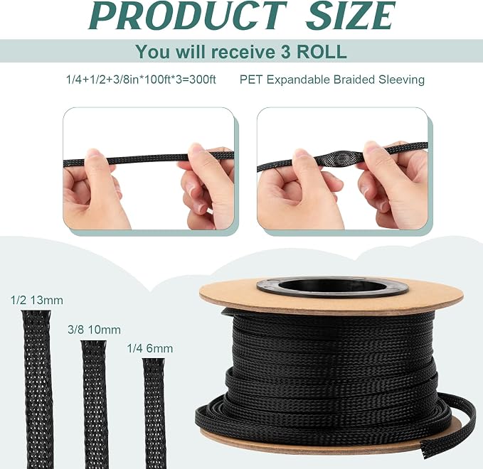 300 Feet 1/4, 1/2, 3/8 Inches Braided Wire Loom Automotive PET Cable Loom | Expandable Braided Sleeving Mesh Wire Sleeve for TV, Computer, Home Theater, Black