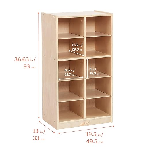 ECR4Kids 10 Cubby Tray Cabinet with Scoop Front Storage Bins, 5x2, Natural, Classroom Furniture, Light Grey