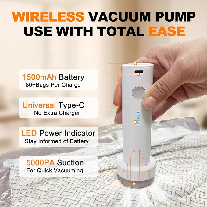 Travel Vacuum Bags with Electric Pump, Cordless Space Saver Storage Seal, Luggage Compression Packing Cubes for Clothing (12 Combo Set)