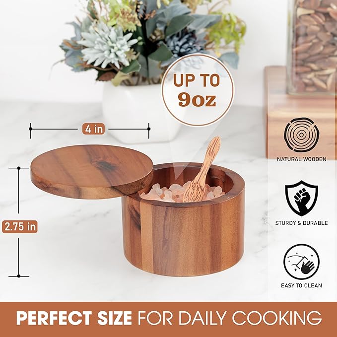 9-ounce Salt Cellar with Spoon and Swivel Lid, Acacia Wood Salt & Spice Box, Salt Keeper, Wood Jar for Kitchen, Perfect for Storing Table Salt, Gourmet Salts, Herbs, or Your Favorite Seasonings