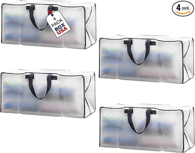 BOX USA 4-Pack Moving Bags with Strong Handles & Zippers - Heavy Duty Extra Large Packing Bags for Storage, Moving Boxes, Dorm & College Supplies, Clear