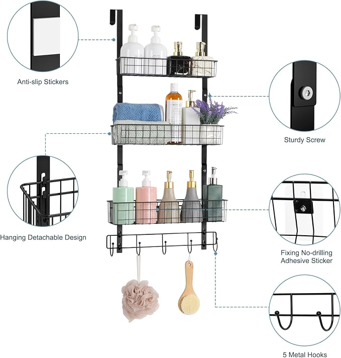 ETELI Over the Door Pantry Organizer 3 Tier Hanging Basket Back Door Storage Rack Shelf Metal Over the Door Shelves with 3 Baskets and 5 Hooks for Bathroom Kitchen Pantry Bedroom, Black
