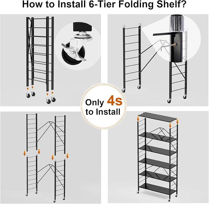 Himix 6 Tier Foldable Storage Shelves, Expandable Folding Bookshelf with Wheels, Changeable into 2 Shelf Units, Collapsible Adjustable Storage Rack Metal Shelves for Garage, Kitchen, Black
