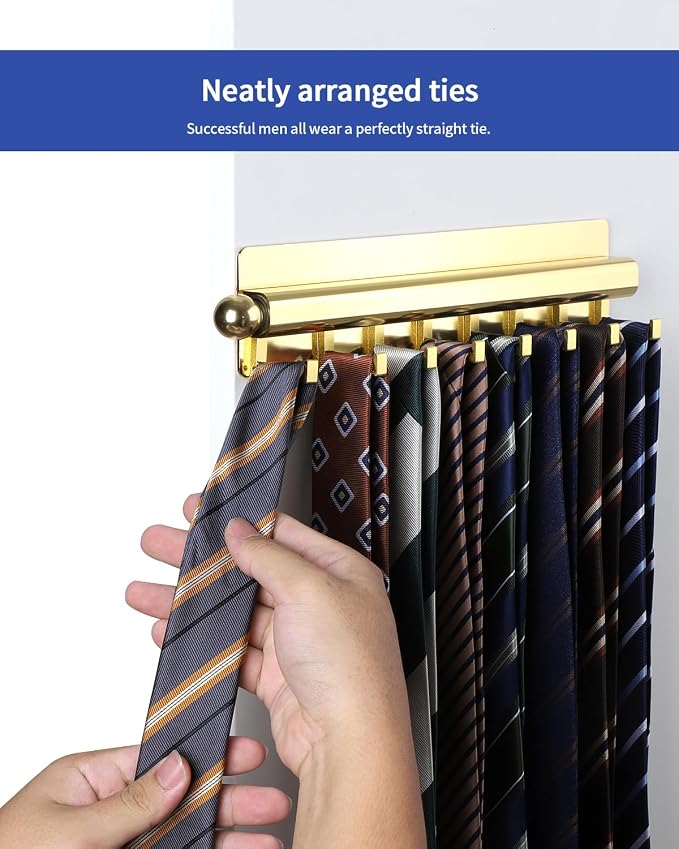 BaiNong Adhesive Valet Rod for Closets Pull Out 12" Gold with 8 Hooks | Multifunctional Closet Valet Rod Slide Out for Closets Belt Organizer for Closet Tie Rack Hanger for Closet Space-Saving