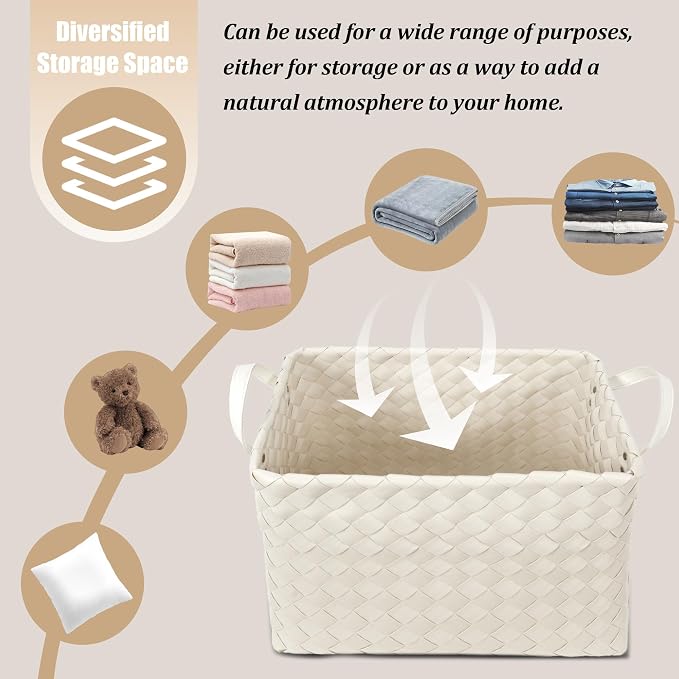 Handwoven Clothes Basket Laundry Hampers Large Wicker Storage Baskets for Shelves Blankets Closet Storage Bins Car Bedroom Bathroom Organizers and Storage Bath (Pack of 4, Ivory)