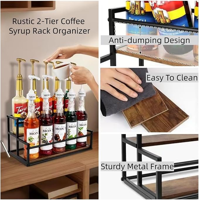 Coffee Syrup Rack Organizer -2 Tier 10 Syrup Bottles Holder Stand for Coffee Bar Kitchen Countertop,Stepped Display Shelf for Spices, Jars, Dressing Freestanding Storage Shelves Rustic Small Wine Rack