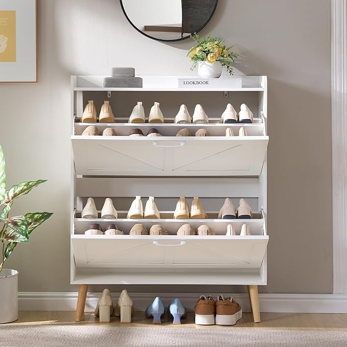 LEYAOYAO Shoe Cabinet Storage for Entryway with 2 Flip Drawers Rack Narrow Organizer Slim Hidden Wood Shoe Cabinet Furniture White