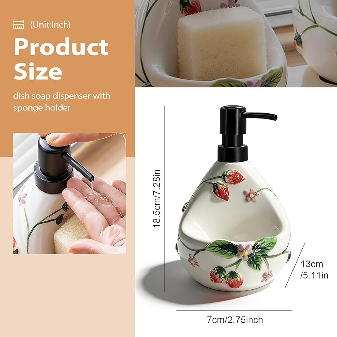 Ceramic Soap Dispenser with Sponge Holder,22oz Charming Strawberry 3D Embossed Design - 2-in-1 Kitchen Hand & Dish Liquid Soap Pump Set for Countertop Sink, Cute Cottagecore Character in White