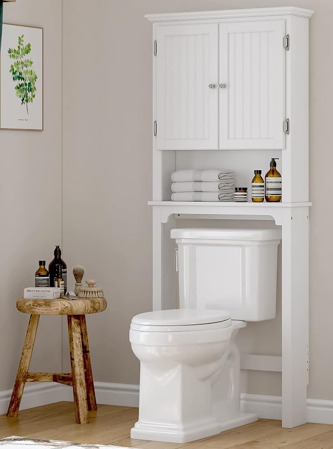 UTEX Over The Toilet Storage Cabinet, White Bathroom Organizer with Doors | FSC-Certified MDF, Adjustable Shelves, Anti-Tip Bracket, 34'' Toilet Clearance, Hidden & Open Storage for Toiletries, Towels