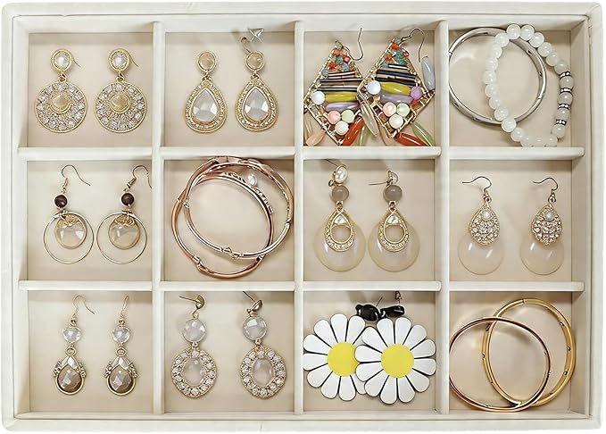 Stratalife 12 Grid Jewelry Organizer Tray, Stackable Drawer Earring Organizer with Adjustable Dividers, Jewelry Display Tray for Necklace Earring Ring Bracelet, 13.8" x 9.4" x 1.2", Beige