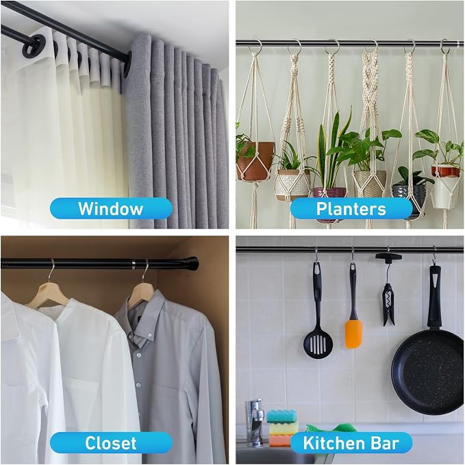 MEXAU 1pc Tension Curtain Rod for Windows 27 to 50 Inch，Spring Tension Rods Black Curtain Rods Adjustable Spring Rod Extendable Tension Rod for Kitchen, Bathroom, Window, Bookshelf