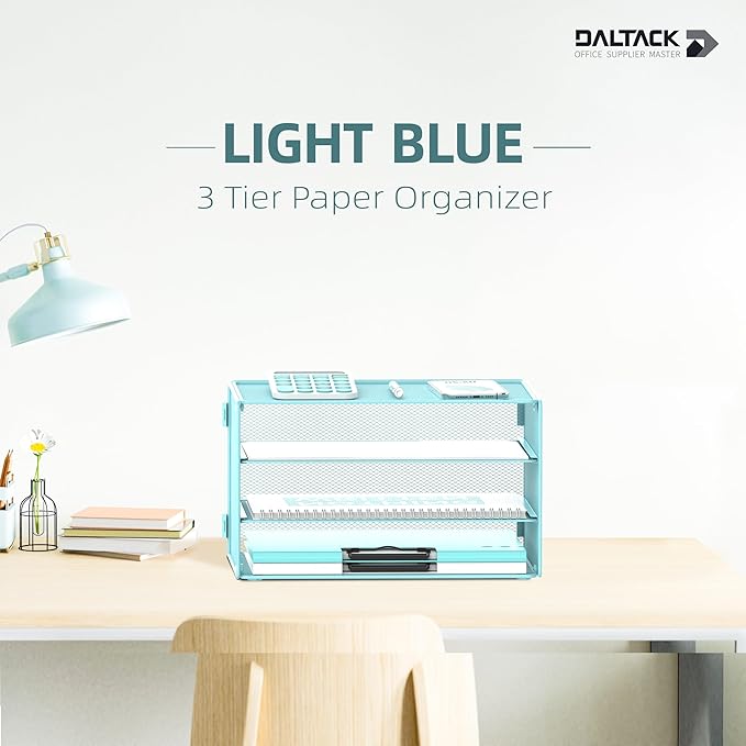 DALTACK 3 Tier Letter Tray Paper Organizer for Desk, Mesh Metal Desk File Organizer with Sliding Trays for Letter/A4 Paper, Mail, Bills & Folders, Light Blue