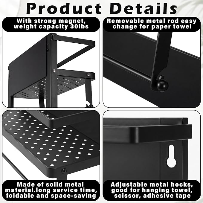 Vercraft Magnetic Dorm Fridge Organizer Heavy Duty Metal 66lbs over Dorm Fridge Shelf Essentials Side of Fridges Paper Towel Holder with Storage Shelf Hooks Magnetic Spice Rack for Room Kitchen(Black)
