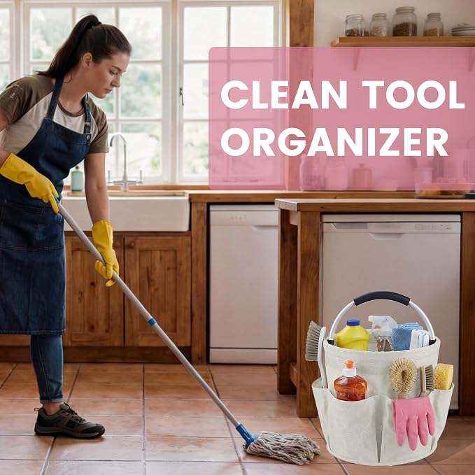 Cleaning Caddy with Handle, 17L Cleaning Supplies Organizer, Off-White | 600D Oxford Fabric Storage Basket with 6 Pockets, Multifunctional Bucket Bag for Picnics, Camping, Gardening, Bathing