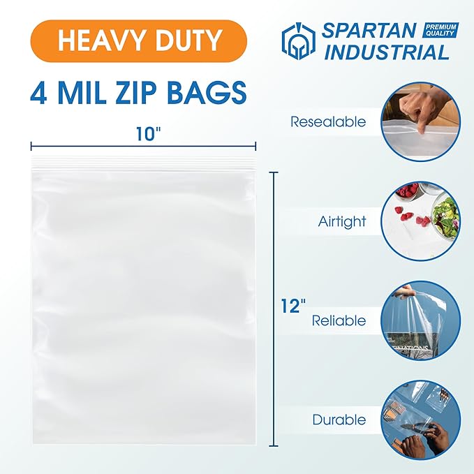 Spartan Industrial - 10” X 12” (500 Count) 4 Mil Thick Bulk Clear Reclosable Zip Plastic Poly Bags with Resealable Lock Seal Zipper - Heavy Duty and Durable