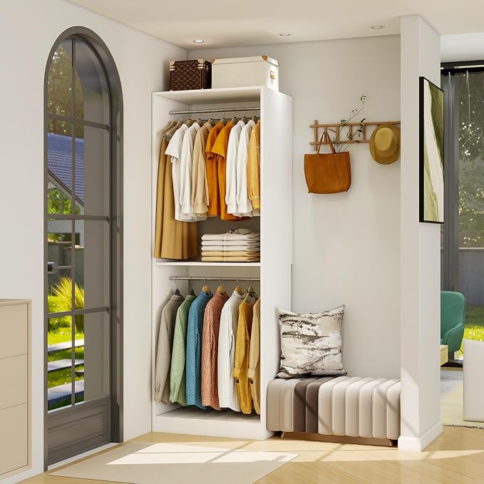 Closet System with 9 Hanging Rods& Shelves , 6FT Small Closet Organizer System Storage Wood with Extra Side Hanging Rod for Walk in Closet, Adjustable Modular Closet Systems Customize, White(6FT)