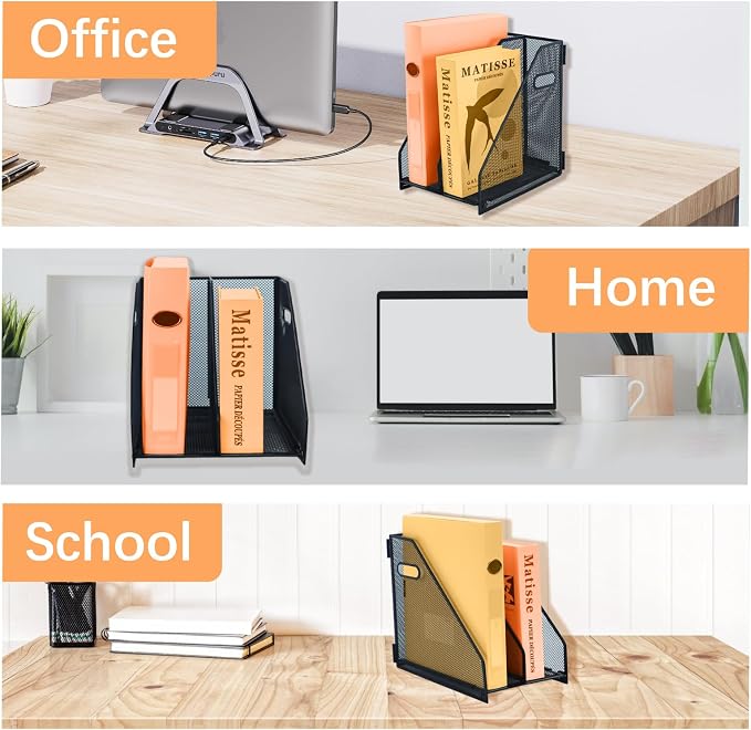 2 compartments metal file racks metal Mesh Desktop Organizer for Desk, Storage Binder Organizer for Office Desktop, Home Workspace and School