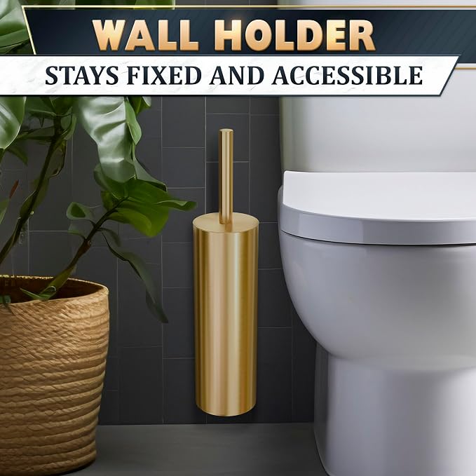 Wall Mounted Toilet Brush and Holder Set, Stainless Steel (Gold) | Wall Mount Toilet Brush Cleaner and Holder Set, Rust & Corrosion Resistant, Splash Guard, Dense Bristles, for Bathroom Decor