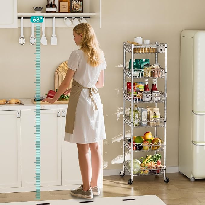 SINGAYE 6 Tier Shelf Wire Shelving Adjustable Storage Shelves Basket Rack | Adjustable Shelves with Wheels Metal Storage Unit Closet Bathroom Organizers Pantry Kitchen Garage Laundry Room Gray