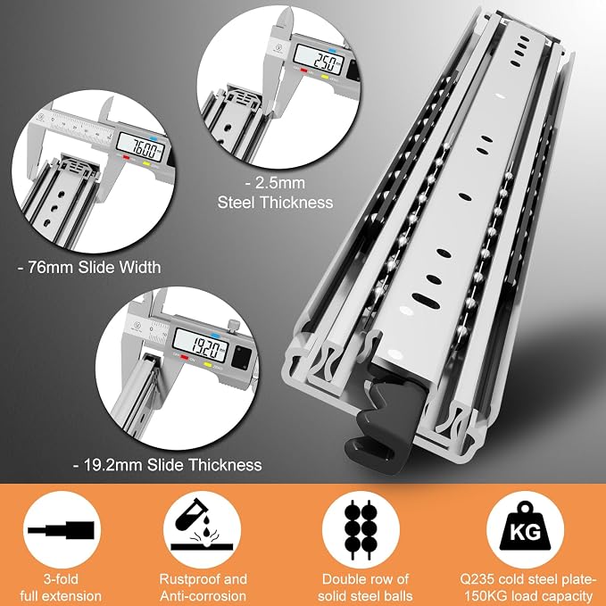 VADANIA #XD76 60" Detachable Locking Heavy Duty Drawer Slide | 3" Widening Up to 330lb Load Capacity, 3-Fold Full Extension, Ball Bearing Lock-in & Lock-Out, Side Mount, 1-Pair