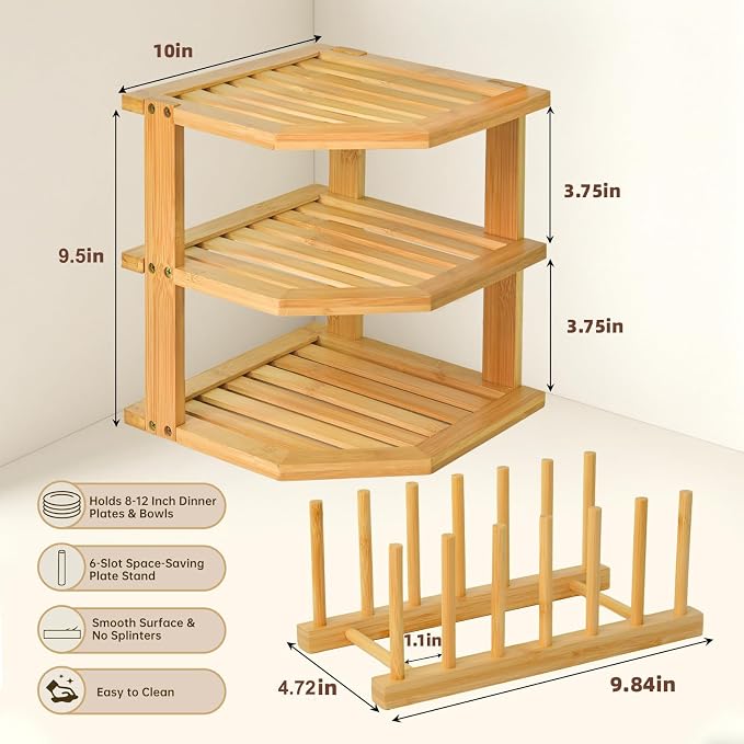 Bamboo Plate Organizer for Cabinet Set,3 Tier Corner Shelf & Plate Holder | Space Saver Wooden Dish Racks, Vertical Cabinet Organizer Shelf for Kitchen Pantry RV Dishes,Bowls,Mugs,Spice,Cups,Lids,1 Set