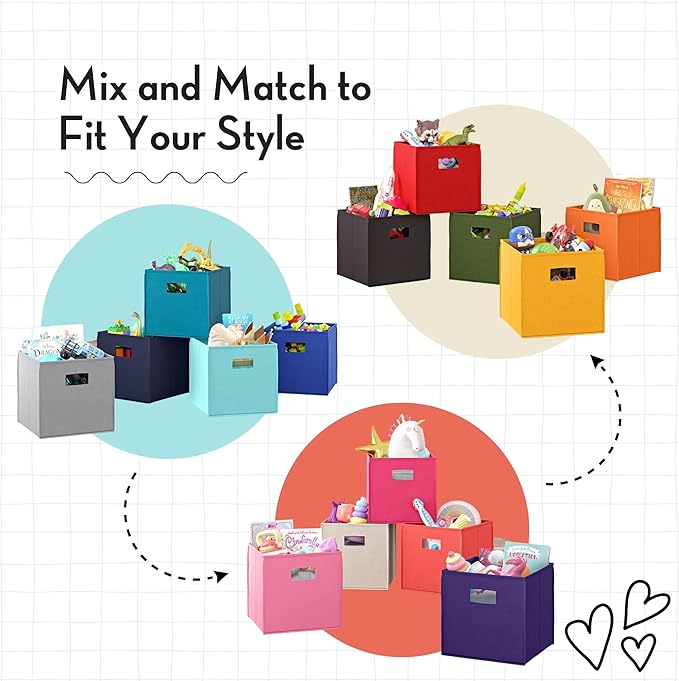 RiverRidge Folding Storage Bins - 2-pack of 10in Tall Charcoal Gray Cubes | Fabric Bins, Set of 2 Storage Cubes, Cut-out Handles, Playroom Closet Organizer, Collapsible Cubby with Bottom Board Insert