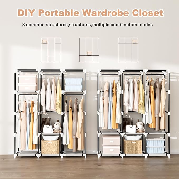 Portable Closet with Cover, 3 Hanging Rods and Side Pocket, Sturdy Free Standing Closet, Grey