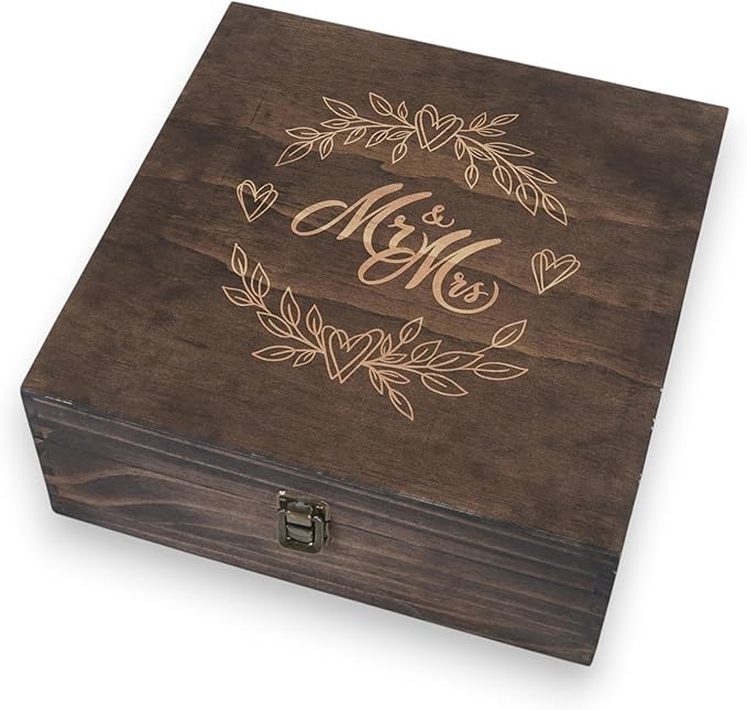Mr and Mrs Wedding Memory Box- Wooden Keepsake Box with Lid for Couples, Rustic Storage Box for Cards, Photos & Mementos, Anniversary & Engagement Gift- 11.4x11.4x4.5 Inches