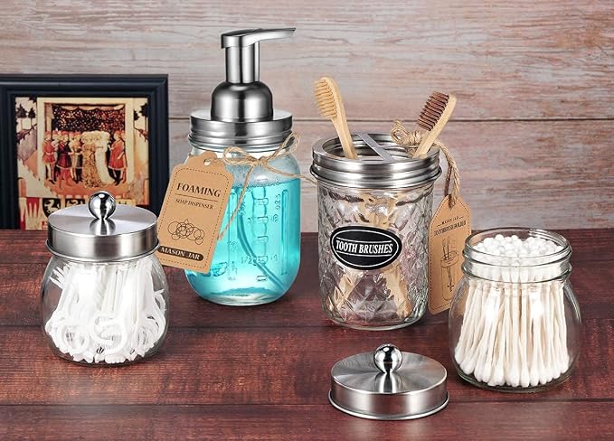Amolliar Mason Jar Foaming Soap Dispenser Pump Lids (6 Pack), Refillable Foaming Pump Replacement for 16oz Regular Mouth Mason Jar, Waterproof Sticker, Kitchen Bathroom Farmhouse Decor, Brushed Nickel