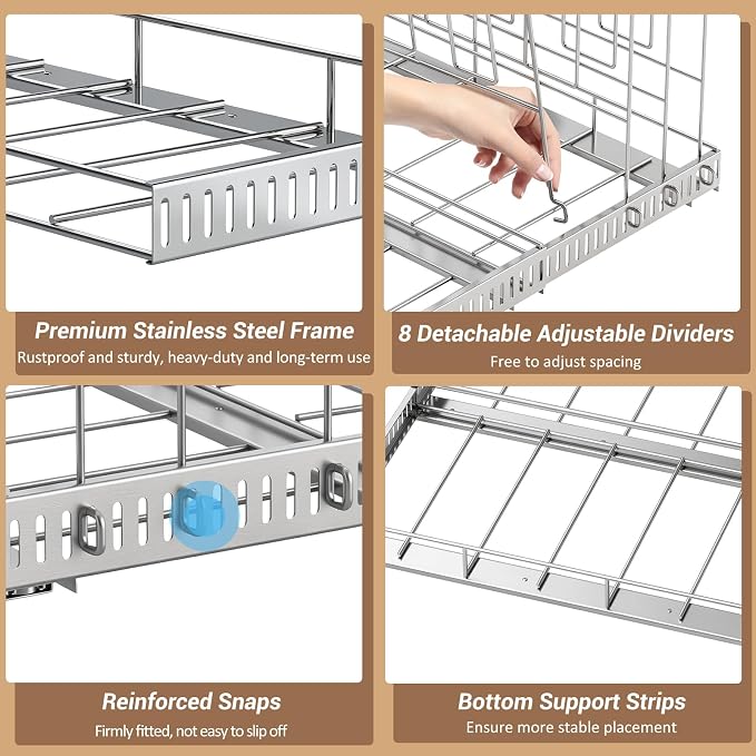 Housolution Pull Out Stainless Steel Baking Tray and Cookie Sheet Organizer, 13"-22" Width Expandable Cutting Board Holder with 8 Adjustable Dividers, 21.5" Deep Bakeware Rack for Cabinet, Silver
