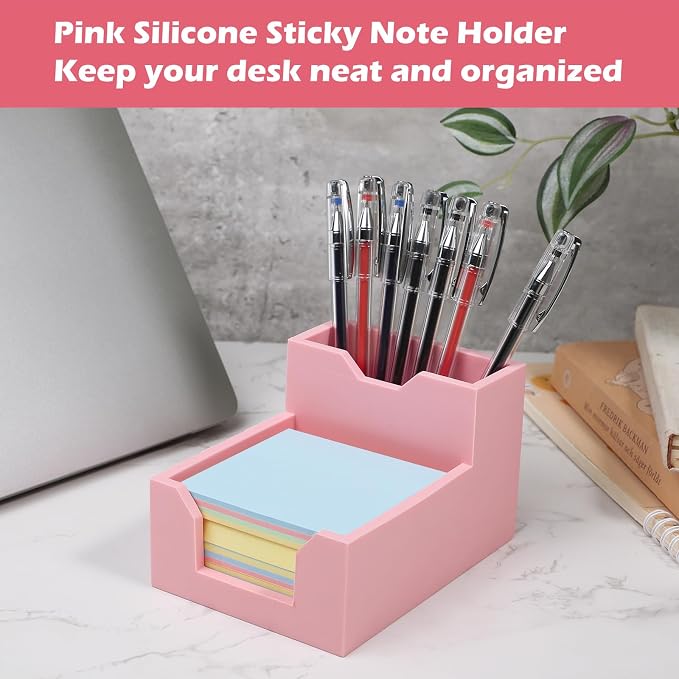 Pink Sticky Note Holder, Silicone Memo Holder with Pen or Card Slots, Sticky Note Dispenser, Fits 3x3 Inches Sticky Notes, Post It Note Dispenser for Office Desk Accessories