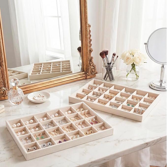 Cinnvoice 2 Pcs Stackable Jewelry Organizer Tray for Drawer, 24 Grids Velvet Earrings Ring Tray for Selling Earring Necklace Bracelet Showcase Display Organizer (Beige)