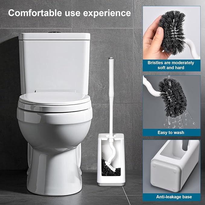 Toilet Bowl Brush and Holder Sturdy Plastic Long Handled Toilet Brushes for Bathroom with Ventilated Base Easy to Assemble for Deep Cleaning (White 1)
