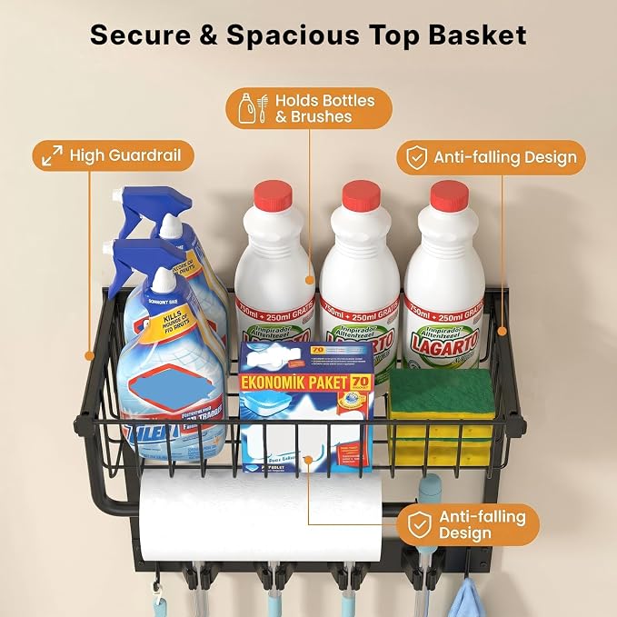 Broom Holder Wall Mount, Broom and Mop Organizer Wall Hanging with Paper Towel Holder & Removable Anti-fall Basket, Wall Mount Cleaning Supplies Organizer for Laundry Room, Apartment, Utility Room