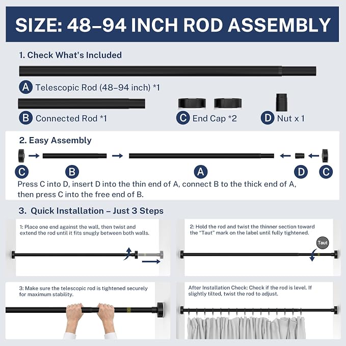 Heavy Duty Tension Shower Curtain Rod 48-94 Inch Black | Rustproof Steel, Drill-Free Mount, Adjustable Rods for Bathroom Sliding Door Patio Living Room, Non-Slip No-Tools Install
