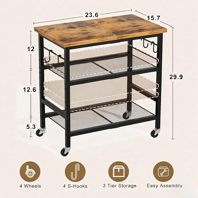 Rolling Kitchen Microwave Cart, 3 Tier Microwave Stand with Wheels, Bathroom Organizers and Storage Shelf, Coffee Bar Table Station, Utility Side Table for Kitchen, Living Room Office, Brown