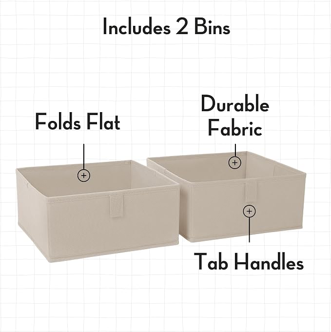 RiverRidge Folding Storage Bins - 2-pack of 5in Tall Taupe Cubes | Fabric Bins, Set of 2 Storage Cubes, Pull-tab Handles, Playroom Closet Organizer, Collapsible Cubby with Bottom Board Insert