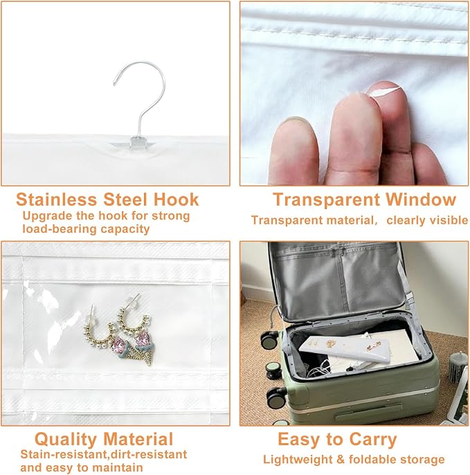 Hanging Jewelry Organizer, White, 80 Pocket | Double-Sided, For Earrings Necklace Bracelet, Clear PVC Window, For Closet, Door, Wall, Travel