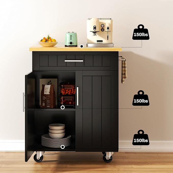 SUNLEI Kitchen Island Cart on Wheels with Storage Cabinet & Drawer, 26" Width Rolling Kitchen Table, Cart Handle for Towel Rack or Free Mobility, Kitchen Cart, Dining Room(Black)