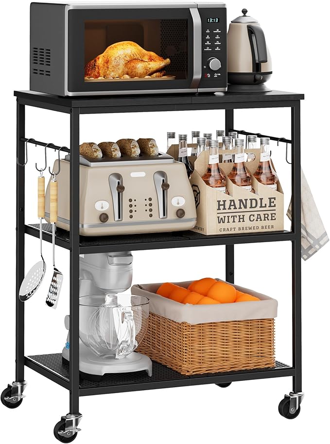 Homleke 3-Tier Rolling Kitchen Microwave Cart, Utility Cart | with Lockable Wheels Coffee Bar Table Station with 6 Hooks, Small Appliance Storage Shelf, Black