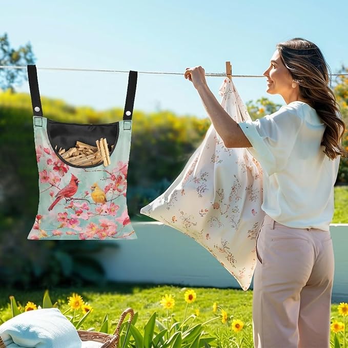 Bird Cherry Blossom Large Capacity 14.5 x 12 Inch Clothespin Bag with Hanging Hook Waterproof Clothes Pin Hanging Bag Clothespin Storage Organizer with Large Opening