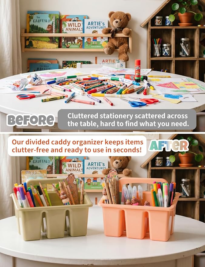6 Pack Classroom Caddy Organizer with Handle, Table Caddy Classroom | 4 Compartments, 9×6.3×6.7 inches, Thick Durable PP Plastic, Built-in Handle, Stackable Design, for Classroom Desk Office Home