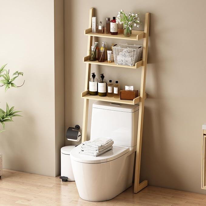 Solid Bamboo Toilet Shelf,3 Tier Bathroom Shelf with Anti-Slip Base | Solid bamboo over the toilet storage – naturally moisture-resistant for bathrooms, built for long-lasting durability