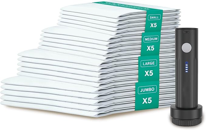 Travel Vacuum Storage Bags for Clothes with Rechargeable Cordless Pump, 20 Pack (5 J + 5 L + 5 M + 5 S), Carry-On Size Compression Bags for Luggage, Space Saver Packing Bags for Suitcase