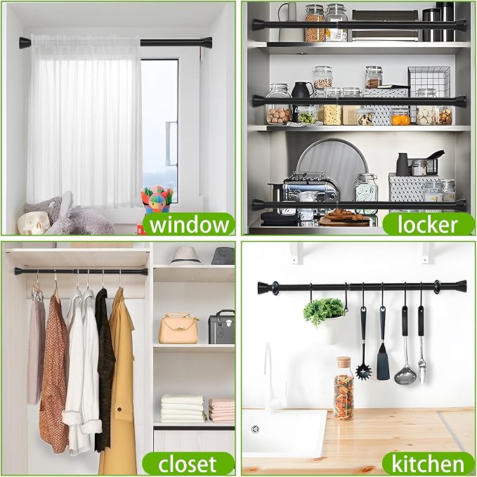 Black Tension Rods 16 to 26 Inch Curtain Rods No Drilling Small Tension Rod Spring Adjustable Curtain Rod Expandable Pressure Spring Tension rods for Closet, Kitchen