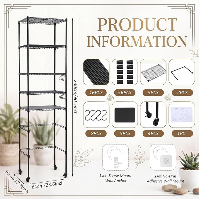 5tier over Fridge Shelf for Dorm with Wheels 90.5 Tall Fridge Shelf Black | Adjustable Height Storage Shelf Metal Rack Hooks PP Shelf Liners Anti Tip Kits for Dorm Kitchen Laundry College Pantry