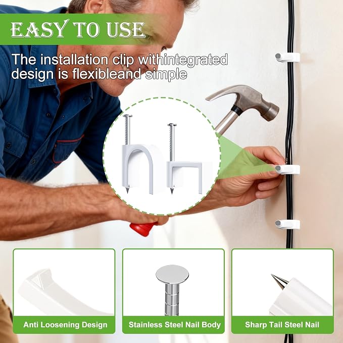 mxuteuk 200PCS Cable Clips with Steel Nails,4/6/8/10mm Round White Cable Wire Clips,Wall Clips for Cords,Cable Cord Clips for RG6 RG59 CAT6 RJ45