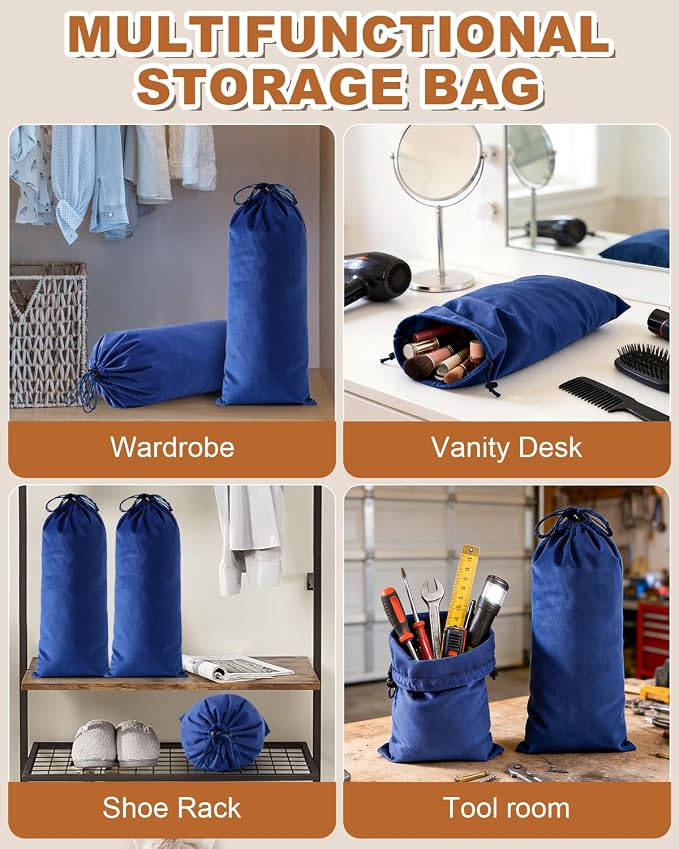 6 Pcs Single Shoe Bags for Travel, Velvet Bag, Palace Blue, 17.3x8.6 Inch | Washable & Reusable Travel Shoe Bags, Dustproof Shoe Bags with Drawstring Closure, Suitable for Travel, Home Storage
